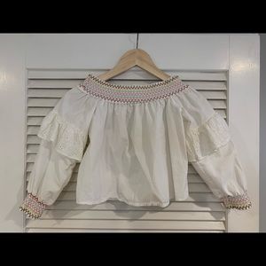 smocked off the shoulder crop top w eyelet ruffles